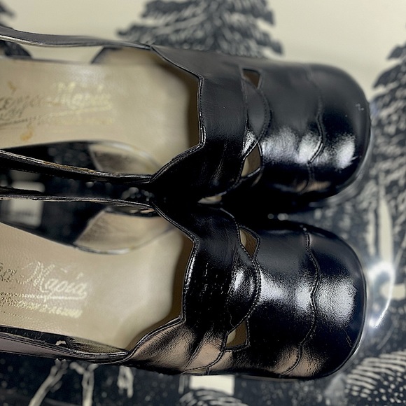 🖤 Vintage 🖤 Black Leather Platform Heels EXQUISITE 7 1/2 Antique 😻😻😻 1940s? - Picture 14 of 14
